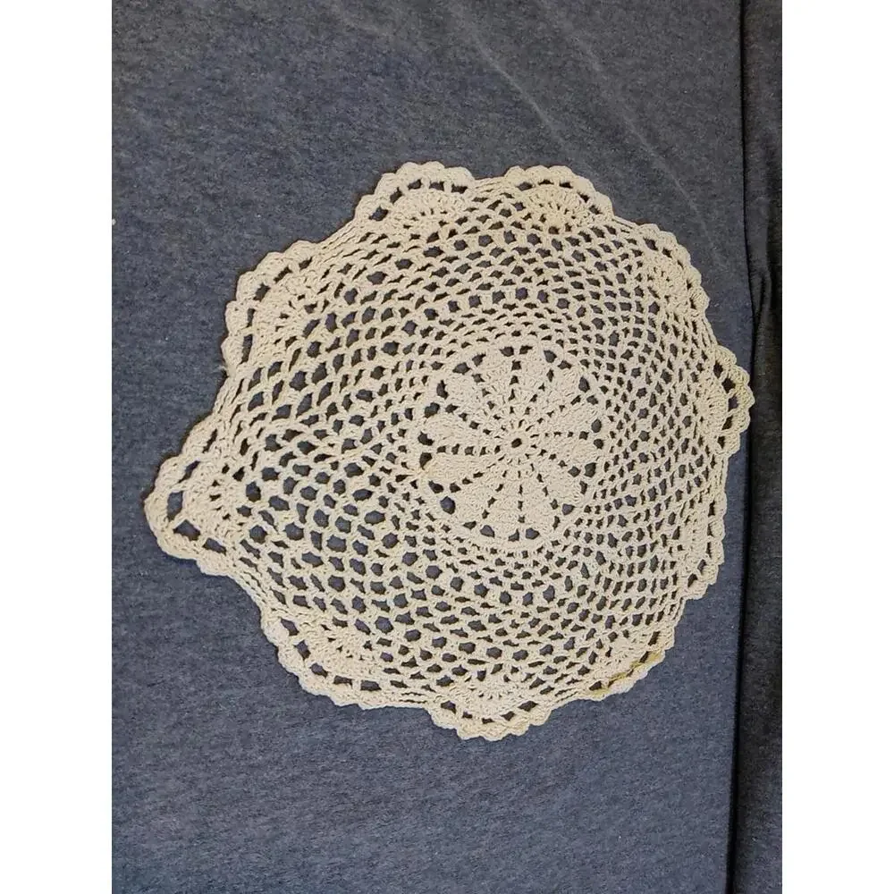 Crochet Doilie Beige 12" L x 10" W Floral Round Knit Vintage - Picture 2 of 5